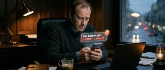 Мужчина с тревогой смотрит в телефон с уведомлением о внесении в реестр должников по алиментам