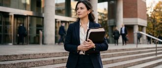 Женщина с документами возле здания суда решает вопрос взыскания алиментов